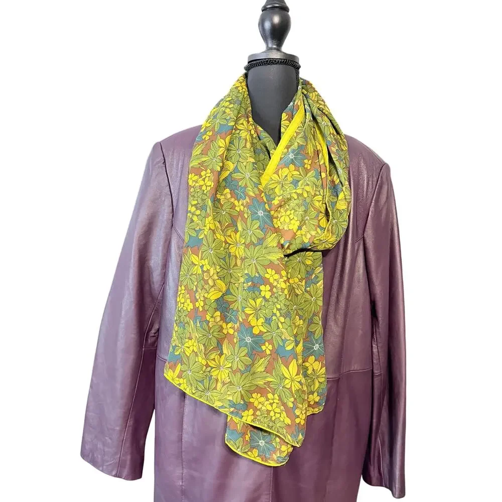 Vintage Floral Print Shawl Scarf Wrap Green Yellow Retro Mod Botanical boho